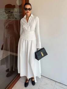 Auralis Quần áo nữ mùa thu 2025 mới nhất phải có, váy sơ mi cài nút màu trắng phong cách Old Money - tay dài, vải lanh, lót thoáng khí & mờ đục, váy đi làm thanh lịch cho công sở C - trắng - Xem 6
