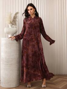 SHEIN Najma 荷叶边领泡泡袖宽松喇叭下摆女式阿拉伯风格连衣裙 - 紅木色 - 查看 8