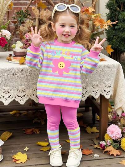 SHEIN Happikins Cute Colorful Striped Pullover, Sweet Floral Face, Pastel Color Tracksuit, Soft Thick Knit Round Neck Long Sleeve Sweatshirt And Leggings Set For Baby Girl, Suitable For Autumn/Winter Outdoor, Casual, Streetwear, Vintage, Easy Comfort, Autumn Layers For Baby Girl Graphic Clothes, Fall/Winter Clothes, 2000s Style, Y2K Clothes, Korean Style