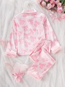 Genkimix Kids 2pcs Tween Girls Cute Bowknot Floral Print Soft Flannel Cardigan Long Sleeve Pants Pajama Set - Multicolor - View 2