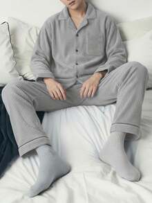 男式休闲撞色边拉链开衫和裤子两件套家居服套装 - 灰色 - 查看 1