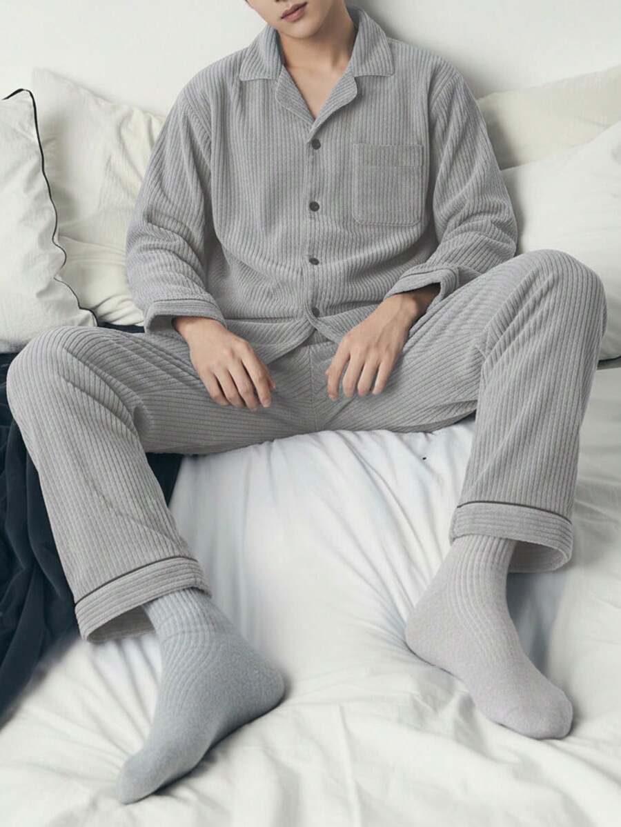 男式休闲撞色边拉链开衫和裤子两件套家居服套装 - 灰色 - 查看 1