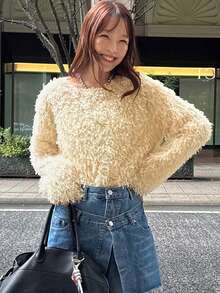 FRIFUL 女士纯色杏色圆领长袖蓬松宽松休闲套头卫衣，秋冬款 - 杏色 - 查看 8