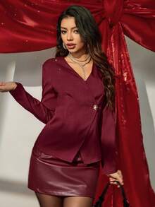 Bluhae 2025新款女士优雅经典红色金属纽扣长袖衬衫，简约时尚，秋冬款 - 酒紅色 - 查看 3