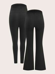 Modmama 2 件孕妇纯色喇叭裤，带可调节腰围和宽腰带紧身裤套装 - 黑色 - 查看 12