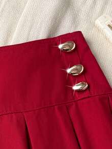 Comfortcana Fustă mini din denim plisată cu decor metalic pentru femei, fustă roșie de iarnă, Crăciun Revelion, fustă de absolvire, fustă de seară de lux pentru femei, fustă elegantă, strălucitoare, plisată, cu nasturi aurii, pentru ținute casual pentru femei - roșu - Vizualizare 6