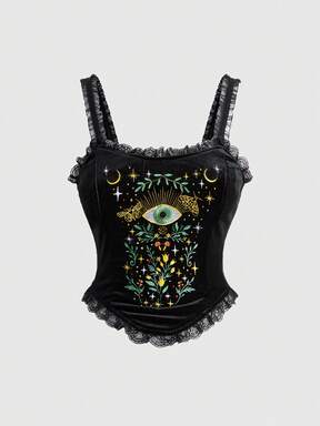 Gothic Vintage Dark Mysterious Eye & Vine Plant Embroidery Pattern Tight Fit Top