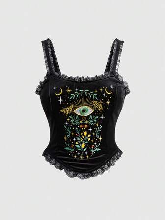 Goth Top aderente con ricamo vintage gotico di occhi misteriosi e motivi vegetali