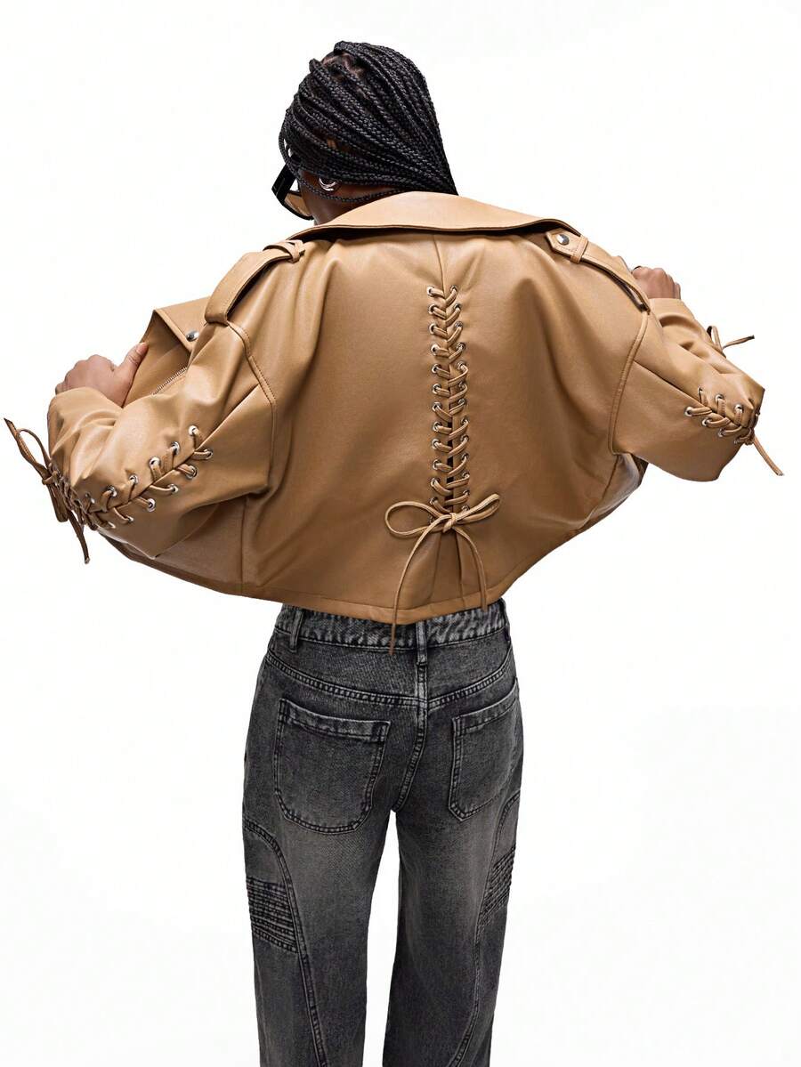 GENKIRA Retro Punk Style Cropped PU Leather Moto Jacket With Straps, Cool Design  - Coffee Brown - View 1