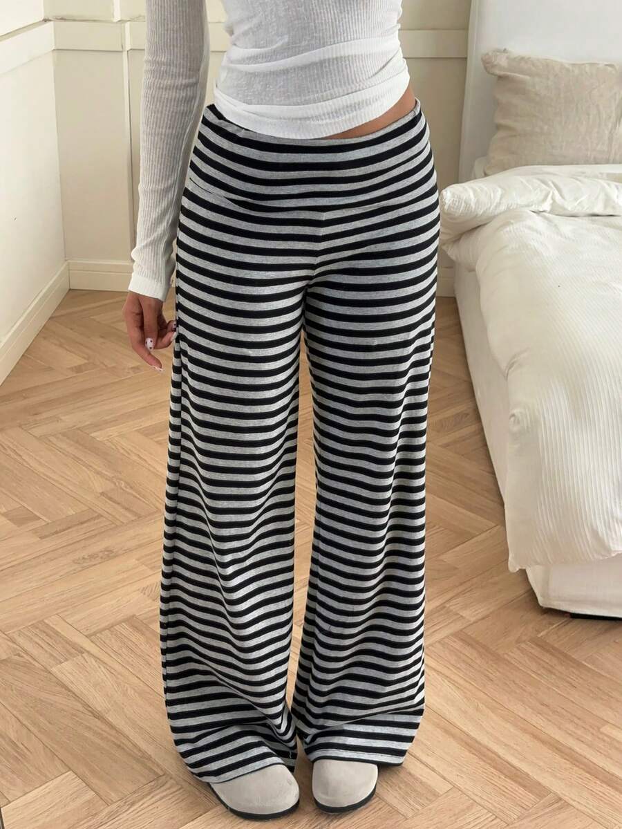 SHEIN EZwear Quần dài nữ dệt kim kẻ sọc rộng rãi thoải mái - Màu xám đen - Xem 1