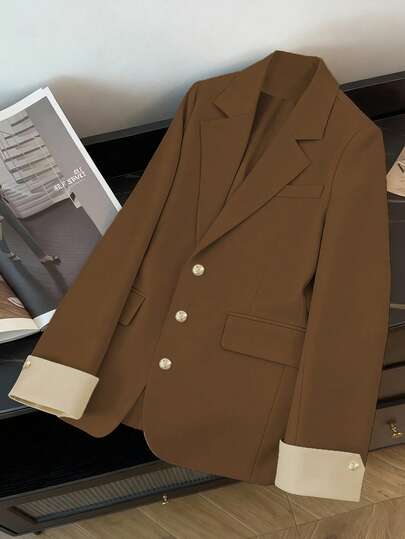 GlowEve CURVE 大码女式畅销纯色翻领长袖通勤西装外套，优雅金属纽扣设计百搭女士秋冬外套