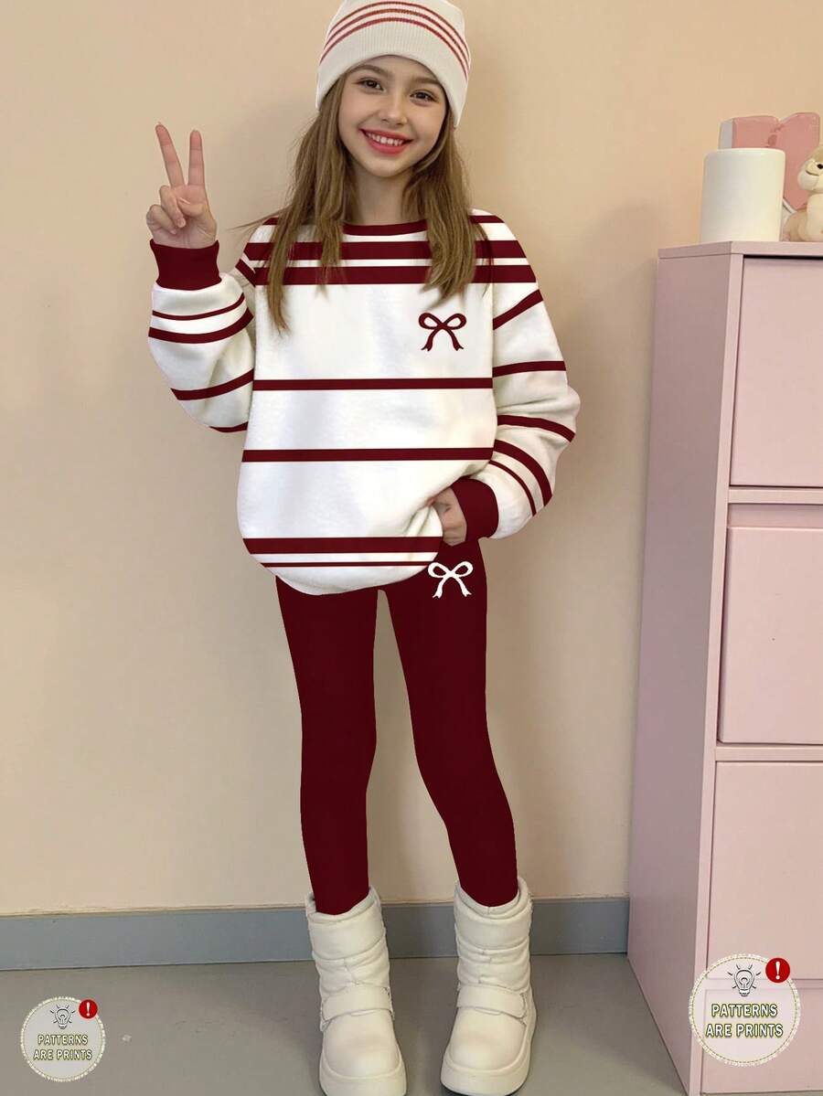 SHEIN Leap Crew Tween女孩可愛開學2件套,白色秋季圓領蝴蝶結冬季運動衫搭配花卉圖案內搭褲,校園休閒款柔軟加厚舒適套裝 - 彩色 - 查看 1