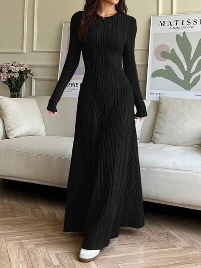 SHEIN EZwear 女士纯色长袖休闲罗纹针织连衣裙