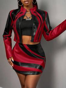 Slaydiva 2025 Autumn New Halloween Birthday Party Banquet College Style Student Daily Casual Cruise Travel Viral Streetwear Sexy Club Y2K Punk Racing Motorcycle Inspired Women 2pcs Set: Long Sleeve Fitted Jacket + Bodycon Mini Skirt, Black With Yellow PU Ink Print, Autumn/Winter - Red - View 4