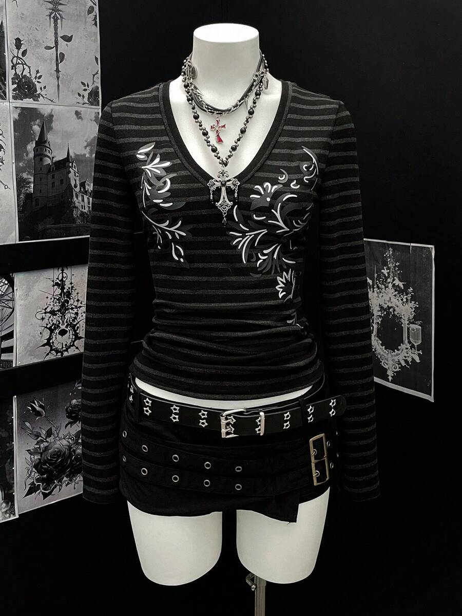 SHEIN Unity 女士休闲条纹V领修身长袖T恤,秋季款 - 彩色 - 查看 1