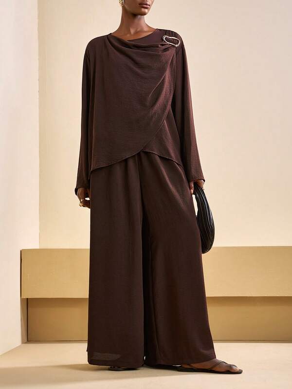 Zivah 2026 Spring And Summer New Elegant Commuter Brown Irregular Piece Metal Decorative Collar Long Sleeve Blouse + High Waist Wide-Leg Pant Women Two Pieces Set, Suitable For Festivals, New Year,,Christmas, Daily Outings, Commuting, Shopping, Teacher Outfit , Party, Wedding Guest Clothing, Travel, Airport Outfit , Dating -Z