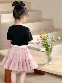 DAZY Set de 2 piezas - Camiseta de manga corta con estampado de estrella y falda de malla para niña, conjunto de verano para niñas