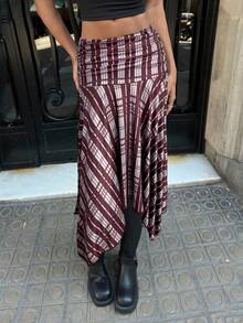 Aloruh 女士秋冬新款不对称下摆格子A字中长裙，复古Y2K街头风 - 酒紅色 - 查看 5