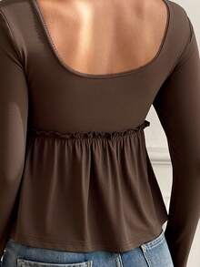 SHEIN EZwear Áo thun cổ vuông màu nâu cỡ lớn, thường ngày cho kỳ nghỉ, Xuân/Hè - màu nâu - Xem 7