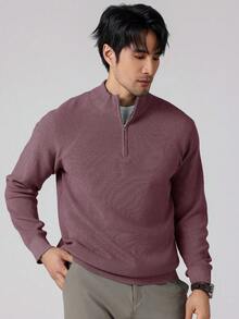 Manfinity Homme Men's Solid Color Raglan Sleeve Half-Zip Casual Knit Pullover Sweater - Lilac Purple - View 5