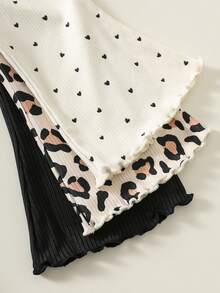 3pcs Baby Girl Valentine's Day Heart & Leopard Print Soft Elastic Waist Knit Leggings Set, Cute Casual Versatile Knit Leopard & Polka Dot Pattern - Multicolor - View 3