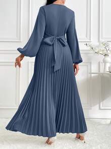 Modelyn 女士优雅交叉裹身系带灯笼袖褶裥下摆端庄长袖阿拉伯连衣裙，纯色长款晚礼服 - 霧霾藍 - 查看 2