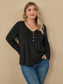 Rosumi Áo thun thường ngày cổ chữ V dài tay có nút trang trí cỡ lớn cho nữ, mùa xuân và mùa hè - màu đen - Xem 3