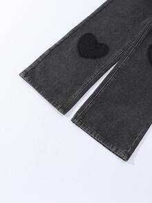 SHEIN ChillGRL Modne, szerokie jeansy dla nastolatek z haftowanym serduszkiem i przetarciami, w stylu vintage Y2K, idealne na nieformalne wyjścia, do szkoły, na spotkania, do domu, na wakacje i na powrót do szkoły - Ciemnoszary - Zobacz 5