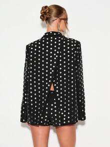 KIZN Winter Studded Dot Oversized Blazer Jacket With Padded Shoulders Long Sleeve Button Front Double Breasted Style Evening Party Outerwear - Black - View 2