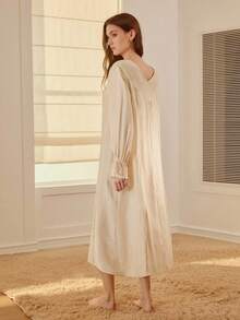 MOTF PREMIUM LACE TRIM LOOSE COMFORTABLE LONG ROMANTIC NIGHTGOWN - Apricot - View 3