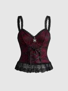 ROMWE Goth Style Lace-Up Waist Asymmetrical Layered Hem Spider Web Mesh Women Tank Top - Multicolor - View 1