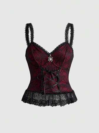 Goth Top de mujer con malla de tela de araña, asimétrico, con volantes y cordones en la cintura, estilo gótico