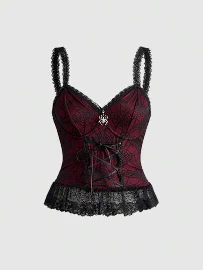 Goth Style Lace-Up Waist Asymmetrical Layered Hem Spider Web Mesh Women Tank Top