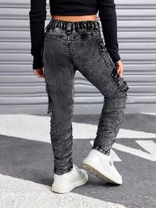 SHEIN Young Girl Y2k Grey Denim Elastic Skinny Cargo Jogger Pants,Fall Clothes,Winter Clothing ,Casual And Fashionable Vacation Outfits,Streetwear,2000s Style  ,Christmas Clothing,Bell Bottom  Jeans,Christmas Grey   Jeans - Grey - View 3