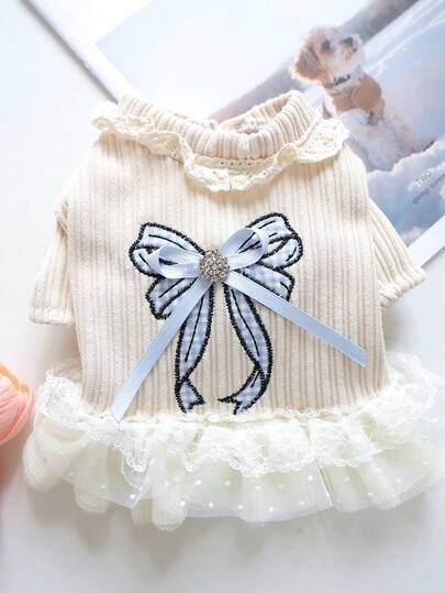 PETSIN 1 件猫狗通用宠物服装，可爱蓝色蝴蝶结装饰，适合狗狗秋冬装扮