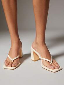 SHUZIA 女士时尚日常百搭人字拖高跟凉鞋 - 米色 - 查看 4