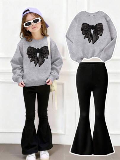 2pcs/Set Young Girl Casual Minimalist Bow & Rhinestone Pattern Grey Crew Neck Sweatshirt And Black Flare Pants, Comfortable Daily Wear Suitable For Autumn/Winter, Spring