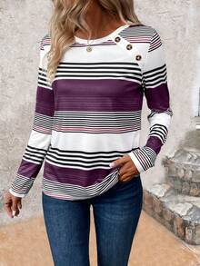 SHEIN LUNE Áo thun nữ cổ tròn tay dài kẻ sọc dáng rộng thời trang xuân thu áo thun họa tiết cho nữ mùa xuân - Nhiều màu - Xem 4