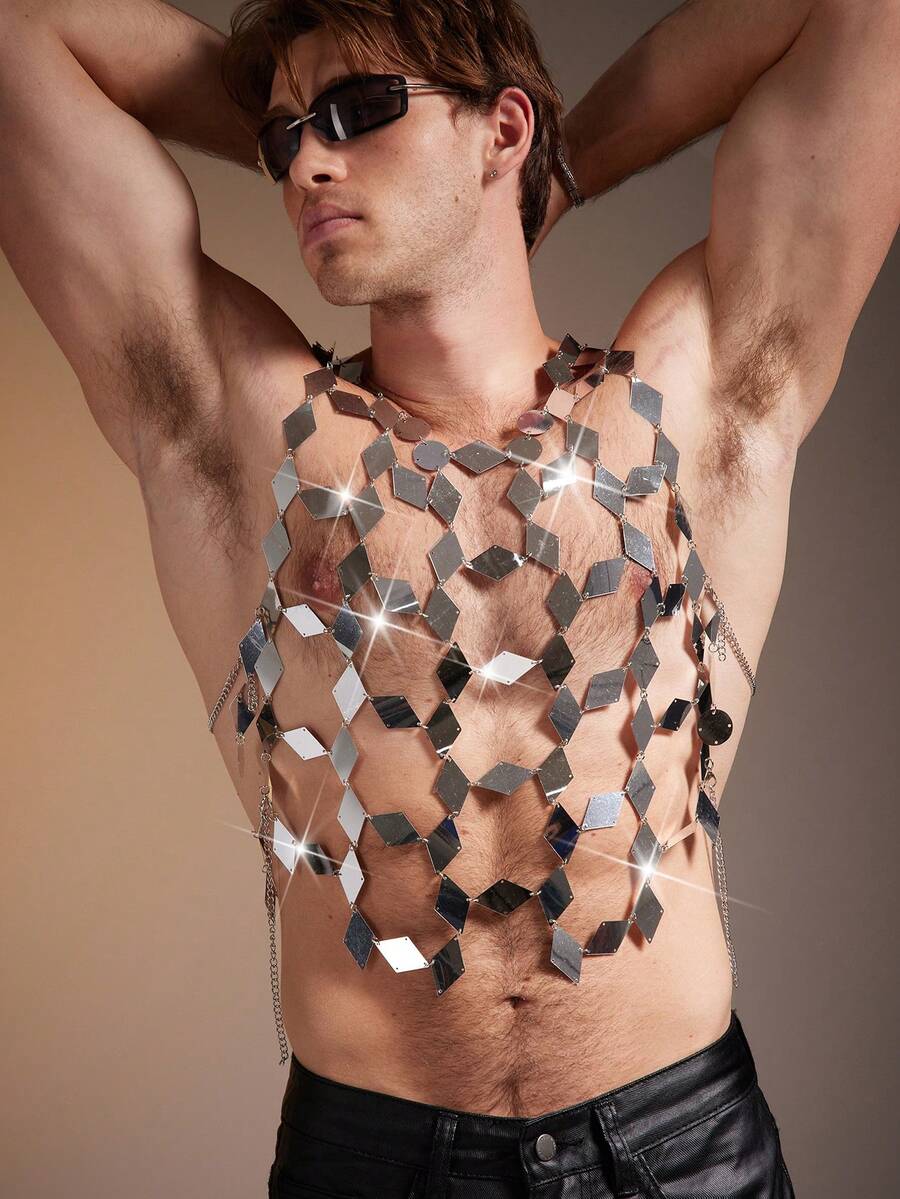 FeverCity Men's Sequin Sexy Hollow-Out Mesh Tank Top - Silver - View 1