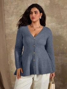 Roveilla Áo khoác len cardigan cổ chữ V màu trơn dáng rộng cỡ lớn dành cho nữ, áo len dệt kim dài ngang gối cỡ lớn, áo len nữ màu xanh dương, áo len cỡ lớn mùa thu, áo khoác cardigan màu xanh dương cho nữ. - Màu xanh bụi bặm - Xem 1