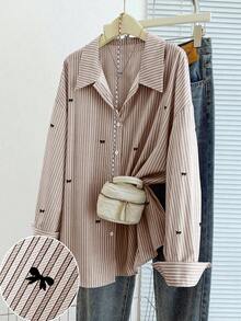 GlowEve CURVE 大码条纹蝴蝶结刺绣休闲长袖衬衫 - 橘色 - 查看 3