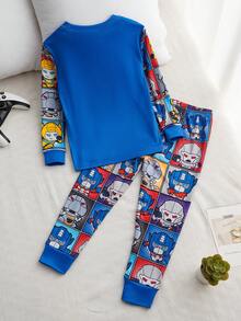 Transformers X SHEIN Set de 2 piezas de pijama con parte superior de manga larga de cuello redondo y estampado de letra y robot de dibujos animados, y leggings cómodos y elásticos para niño pequeño - Multicolor - Ver 2