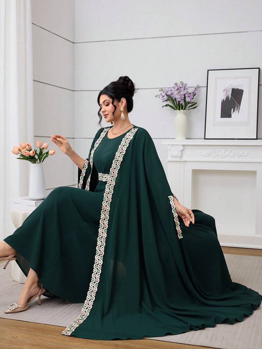 Al Najma 2025 New Muslim 2 Pieces Set, Heavily Embroidered Cardigan With Sash & Long Dress - Dark Green - View 1