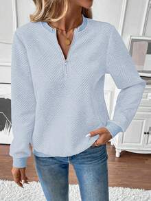 SHEIN LUNE Women's Autumn Sweatshirt, Notch Neck, Long Sleeve, Raglan Sleeve, Ribbed Splice, Zipper Decor, Textured Fabric - Blue - View 7