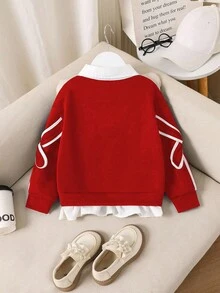 Áo nỉ dài tay thường ngày họa tiết chắp vá cổ áo sơ mi nữ trẻ - Đỏ - Xem 2