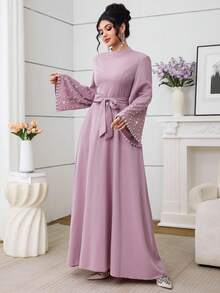 Al Najma 女士优雅纯色腰带长袖阿拉伯风格连衣裙 - 粉色 - 查看 4