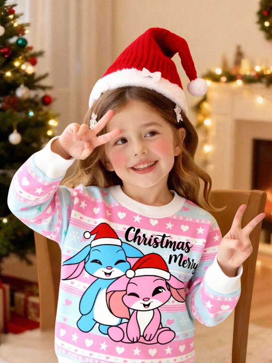 Christmas Young Girl' Round Neck Sweatshirt, Santa Rabbit Naughty Pattern, Casual Cute & Fashionable Versatile - Multicolor - View 1