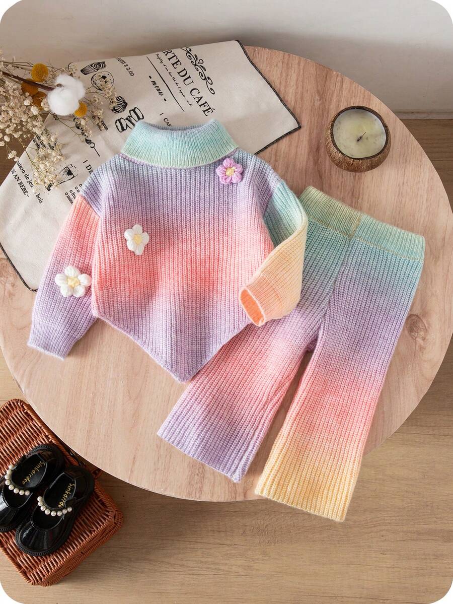 SHEIN Baby Girl, Casual And Cute, Colorful And Flower-Decorated Knitted High-Neck Sweater + Knitted Wide-Leg Pants Two Pieces Set Baby Knitwear Baby Girl Knitted Outfits Rainbow Warm Clothes Baby Girl Baby Girl Sweaters Set Knit Two Piece Toddler Autumn And Winter Two Piece Suit