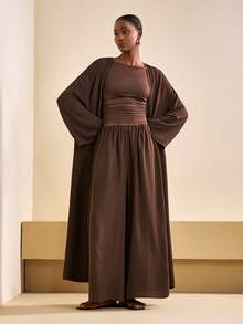 Zivah 2025秋季新款音乐节及毕业典礼休闲宽松三件套 - 亚麻混纺开衫 + 长袖针织衫 + 亚麻长裤，适合日常、海滩、度假、街头风格，宽松版型 - 棕色 - 查看 5