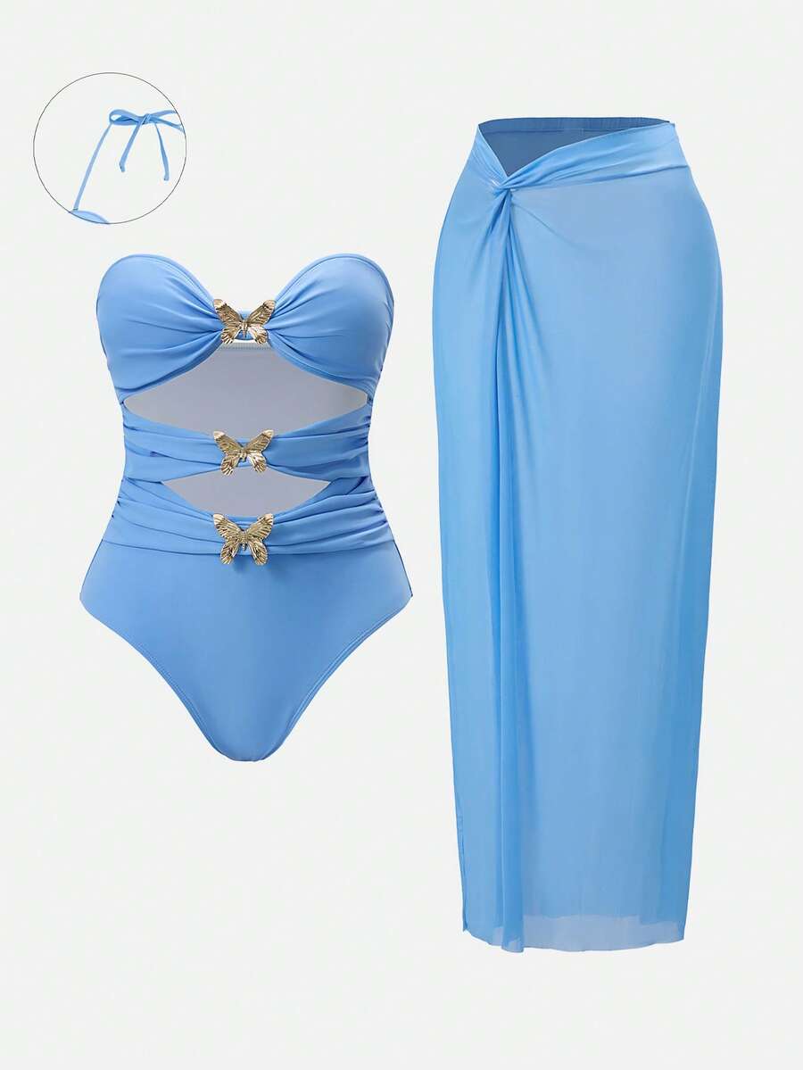 Swim Oasis Conjunto de dos piezas de traje de baño elegante azul con decoración de mariposa metálica de 3 niveles, nudo retorcido, falda azul y azul bebé. Conjunto de playa para mujer de moda azul bebé - Azul - Ver 1